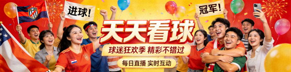 天天看球社交媒体推广横幅 - 球迷聚集庆祝场景