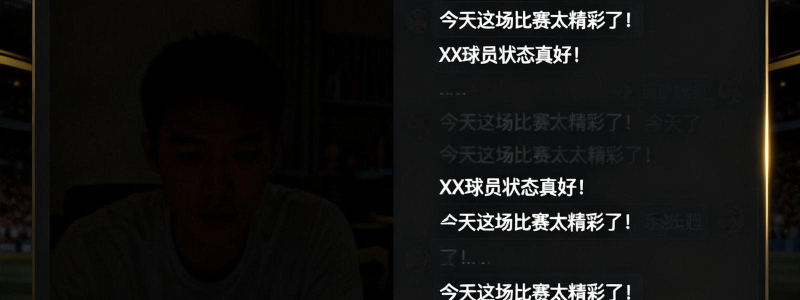 天天看球球迷社区直播间聊天室界面展示图，左侧是直播画面，右侧滚动显示球迷实时讨论消息，界面设计采用深色主题配金色高亮元素